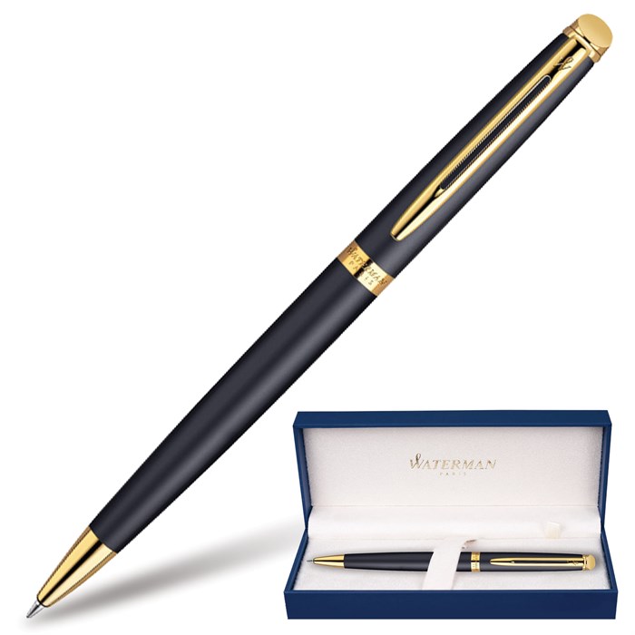 Ручка подарочная шариковая WATERMAN "Hemisphere Matt Black GT", черный матовый лак, позолоченные детали, синяя, S0920770 141698