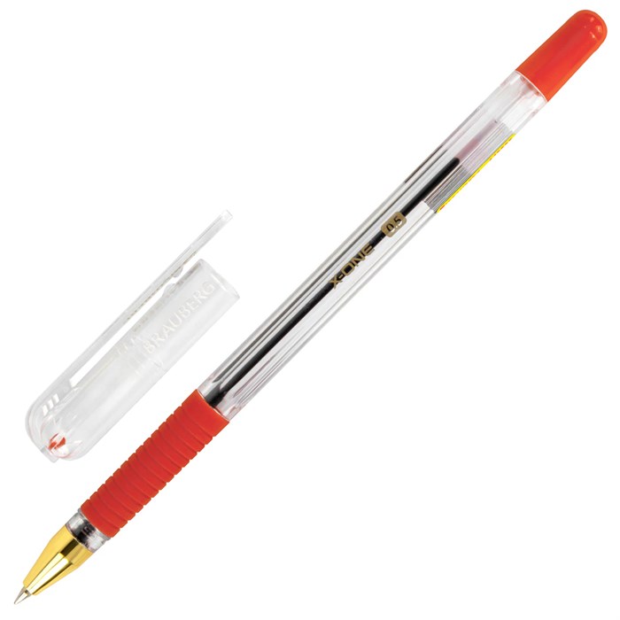 Ручка шариковая с грипом BRAUBERG "X-ONE", КРАСНАЯ, корпус прозрачный, узел 0,5 мм, линия письма 0,35 мм, 143989 143989