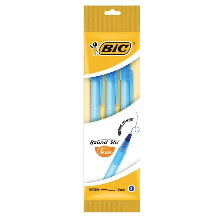 Ручки шариковые BIC "Round Stic", НАБОР 3 шт., СИНИЕ, узел 1 мм, линия письма 0,32 мм, пакет, 9021522 143984