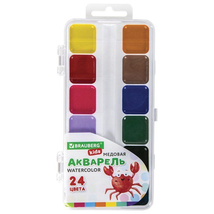 Краски акварельные BRAUBERG KIDS, медовые, 24 цвета, квадратные кюветы, пластиковый пенал, 192284 192284 - фото 50607