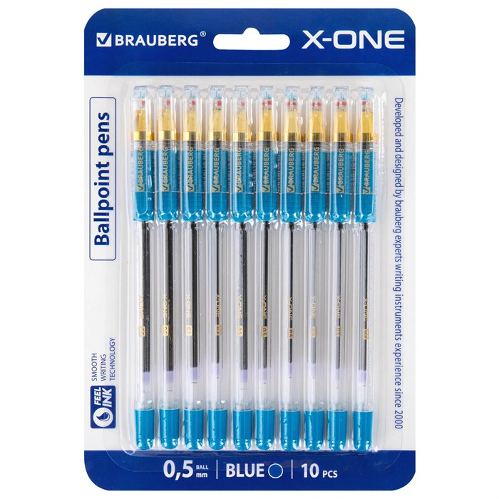 Ручки шариковые с грипом BRAUBERG "X-ONE", НАБОР 10 ШТУК, СИНИЕ, корпус прозрачный, узел 0,5 мм, линия письма 0,35 мм, 143990 143990