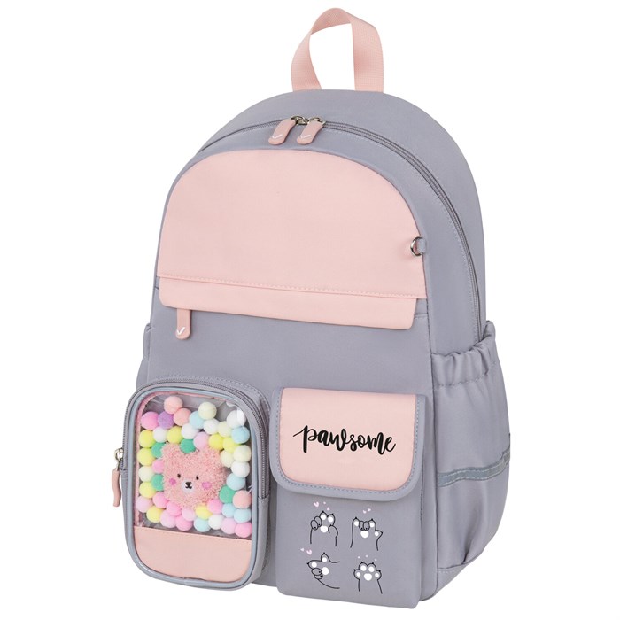 Рюкзак BRAUBERG PASTEL с термонашивками в комплекте, "Sweet paws", серый, 40х29х14 см, 272064 272064