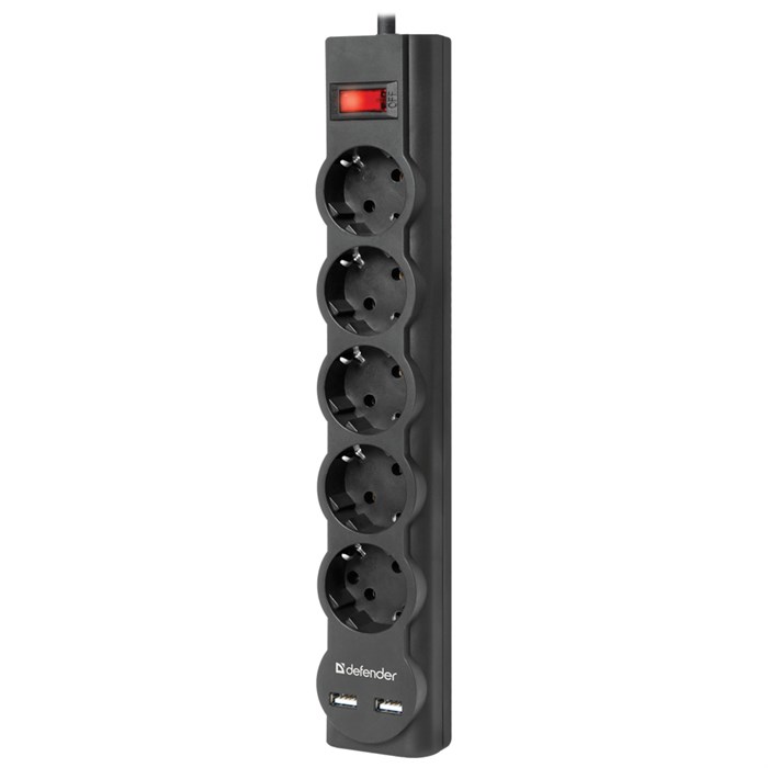 Сетевой фильтр DEFENDER DFS 753, 5 розеток, 2 разъема USB, 3 м, черный, 99753 512732