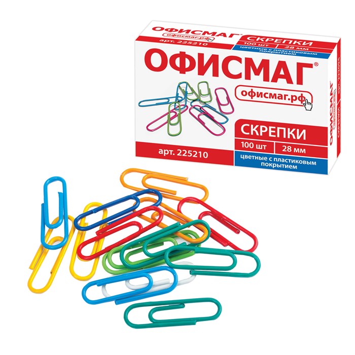 Скрепки ОФИСМАГ, 28 мм, цветные, 100 шт., в картонной коробке, Россия, 225210 225210