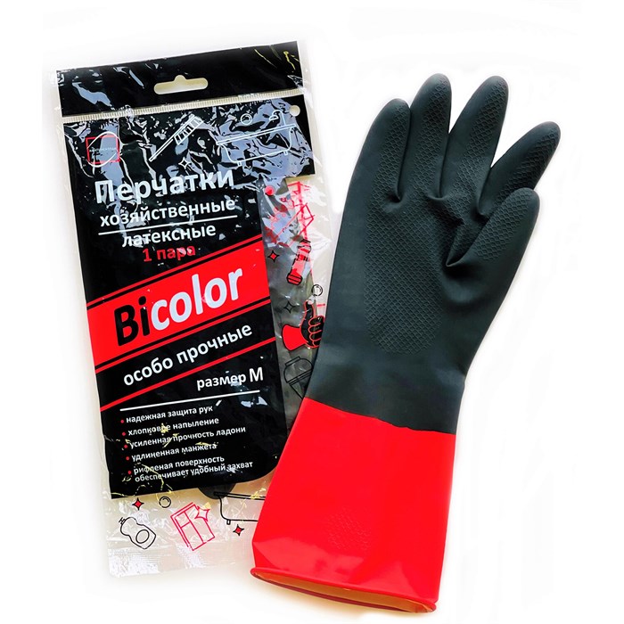 Перчатки МНОГОРАЗОВЫЕ латексные BiColor черно-красные, хлопчатобумажное напыление, размер M (средний), вес 62 г, КП, 139467 609361