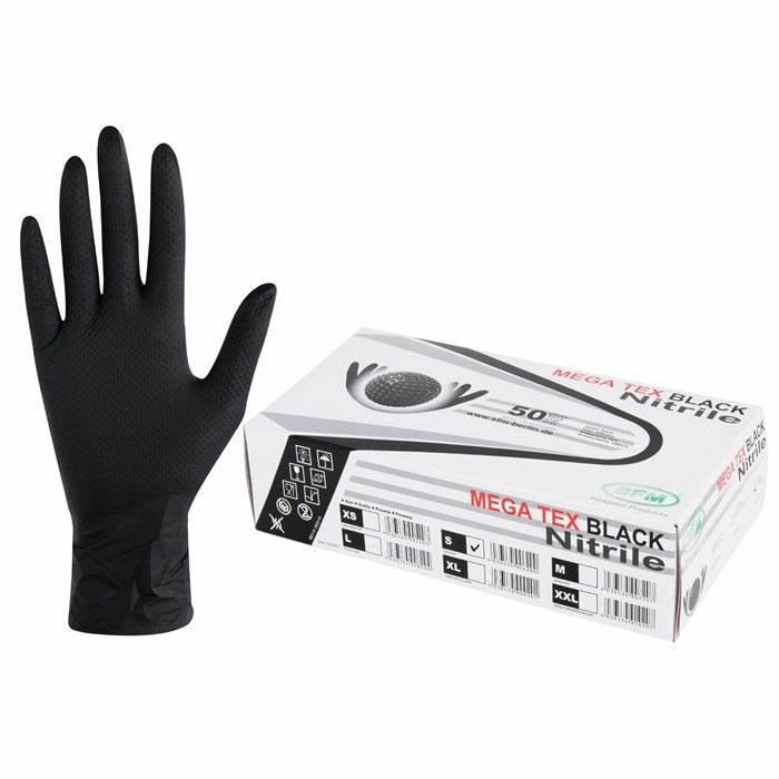 Перчатки нитриловые сверхпрочные с текстурой SFM MEGA TEX BLACK 25 пар (50 штук), размер S (малый) 631400