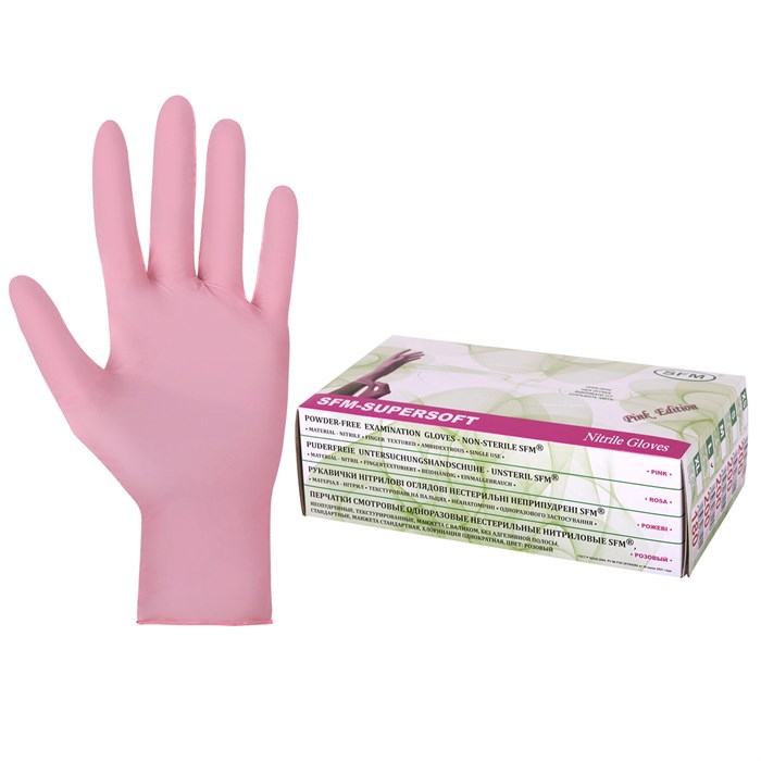 Перчатки нитриловые смотровые SFM Supersoft PINK, 100 пар (200 шт.), размер L (большой), розовые 631519