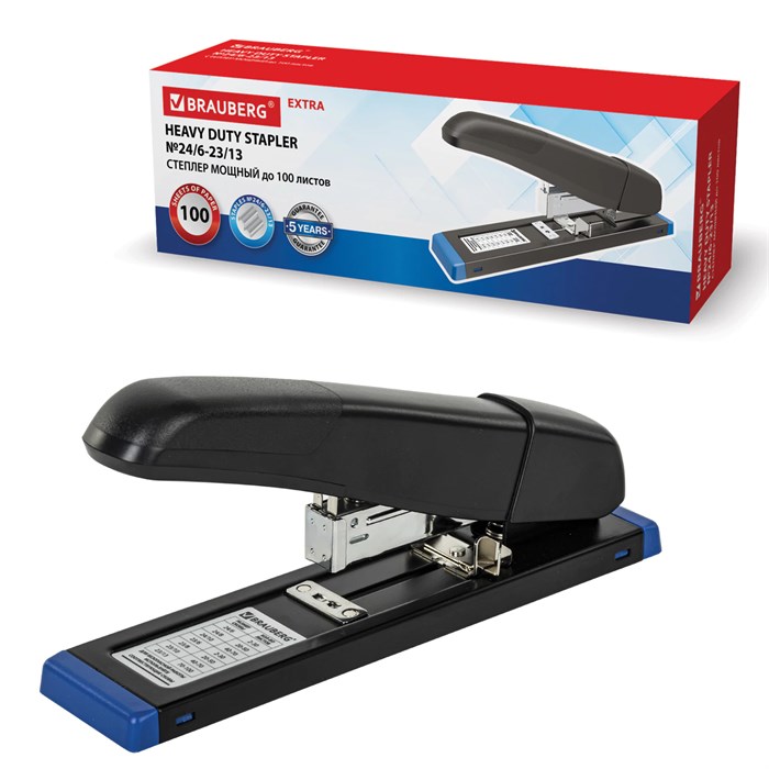 степлeр МОЩНЫЙ до 100 листов BRAUBERG "Heavy Duty Extra", Скoбы № 24/6-23/13, 270552 270552