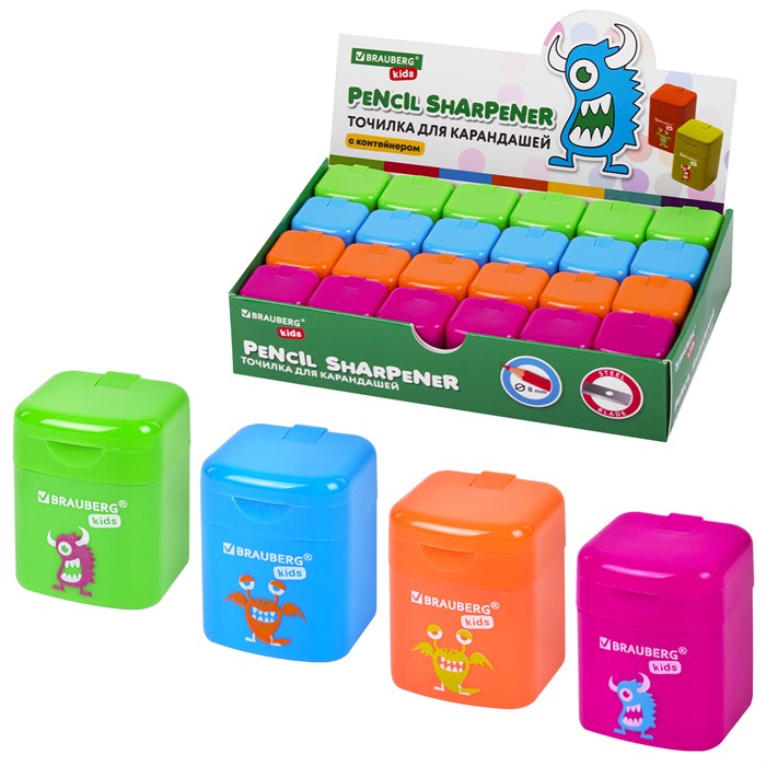 Точилка BRAUBERG KIDS "Монстрик", с контейнером, корпус ассорти, 271946 271946