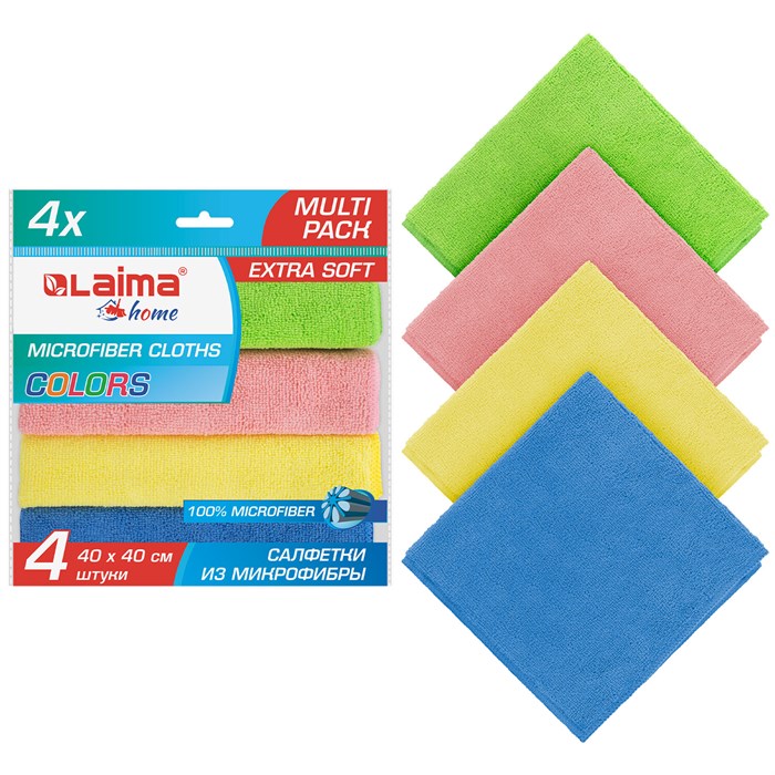 Салфетка из МИКРОФИБРЫ универсальная 40х40 см, КОМПЛЕКТ 4 шт., MULTI PRO COLOUR, 280 г/м2, LAIMA, 607793 607793