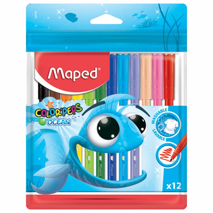 Фломастеры MAPED (Франция) "Color'Peps Ocean", 12 цветов, смываемые, вентилируемый колпачок, упаковка, европодвес, 845720 150764