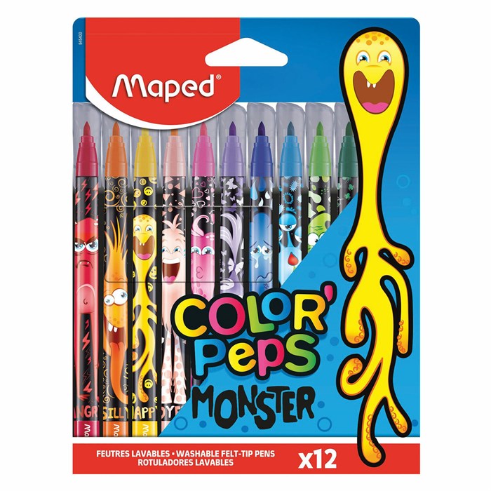 Фломастеры MAPED "COLOR PEP'S Monster", 12 цветов, смываемые, вентилируемый колпачок, 845400 152504