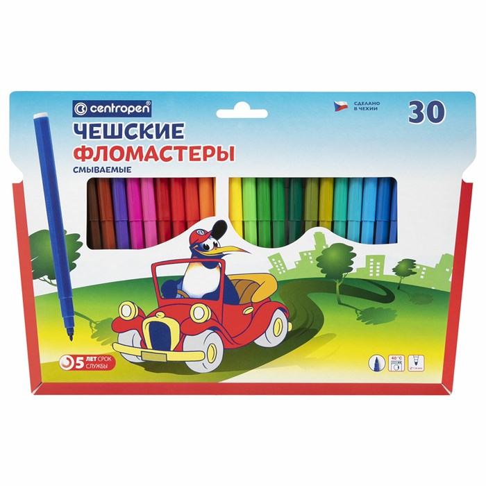 Фломастеры 30 ЦВЕТОВ CENTROPEN "Пингвины", смываемые, вентилируемый колпачок, 7790/30ET, 7 7790 3086 151187