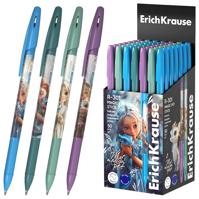 Ручка шариковая ERICH KRAUSE R-301 Stick "Magic Pet", СИНЯЯ, корпус ассорти, линия 0,35 мм, 63071 144574