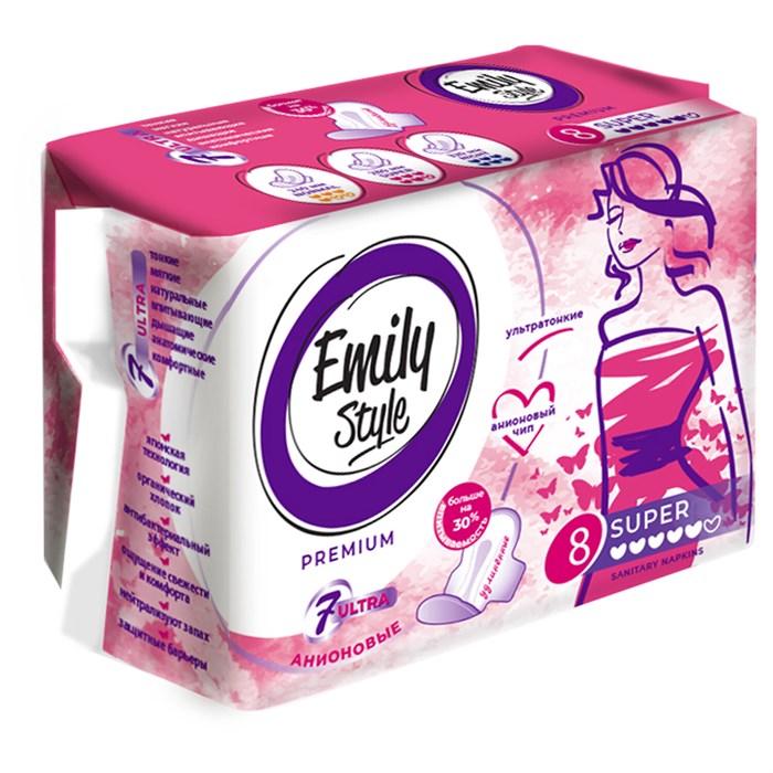 Прокладки женские гигиенические 8 шт., EMILY STYLE "Premium" SUPER, УЛЬТРАТОНКИЕ 703052