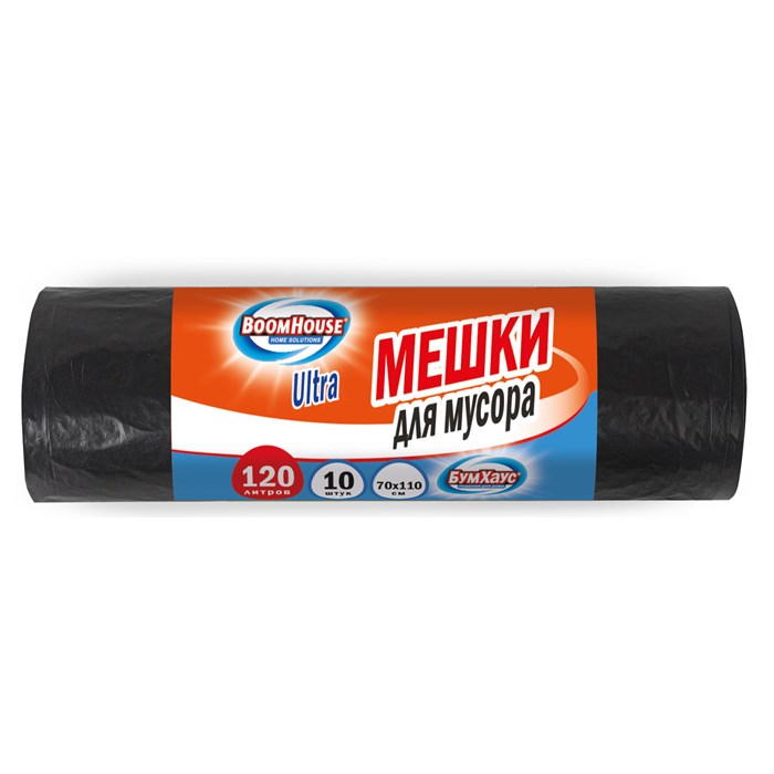 Мешки для мусора 120 л, черные, в рулоне 10 штук, особо прочные, ПВД 50 мкм, 70x110 см, серия ULTRA, BOOMHOUSE (БУМХАУС), 702666 702666