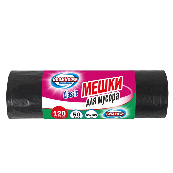 Мешки для мусора 120 л, черные, в рулоне 50 штук, ПВД 23 мкм, 65x105 см, BOOMHOUSE (БУМХАУС), 702670 702670