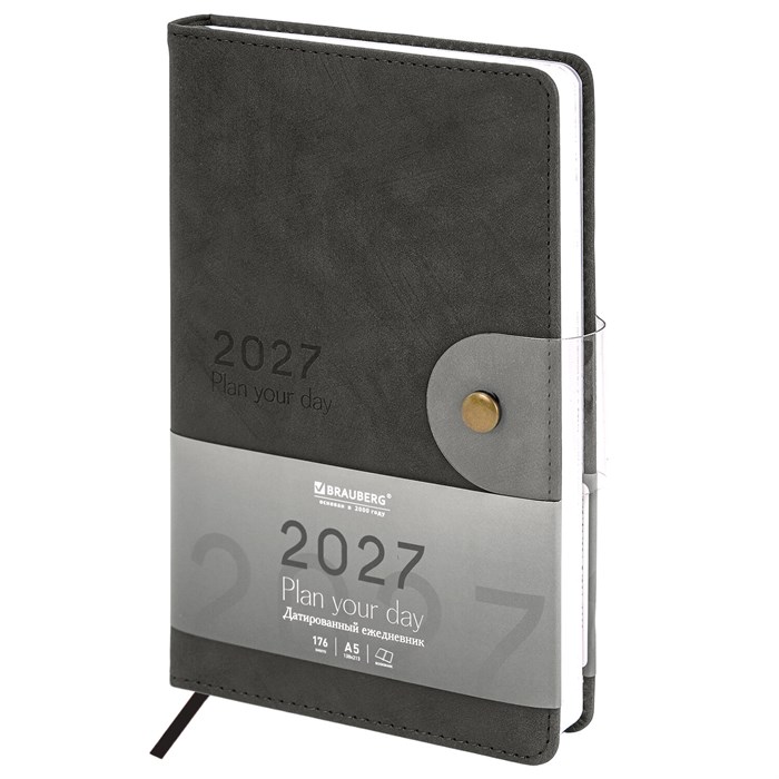 Ежедневник датированный 2027, А5, 138х213 мм, BRAUBERG "Solana", под кожу, кнопка, черный, 118218 118218