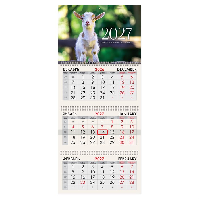 Календарь квартальный 2027 г., 3 блока, 3 гребня, бегунок, офсет, BRAUBERG, "Козленок", 118252 118252