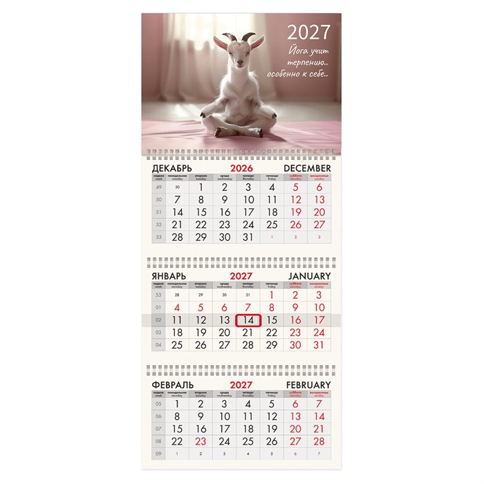 Календарь квартальный на 2027 г., 3 блока, 3 гребня, бегунок, мелованная бумага, BRAUBERG FUN, "Goat yoga", 118440 118440