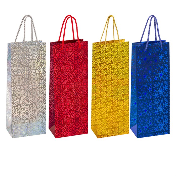 Пакет подарочный для бутылки 13x9x36 см (B), НАБОР 8 шт., 4 дизайна, голография, ЗОЛОТАЯ СКАЗКА, 609735 609735