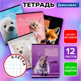 Тетрадь 12 л. BRAUBERG, клетка, обложка картон, CUTE ANIMALS, 107266 107266