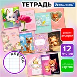 Тетрадь 12 л. BRAUBERG клетка, обложка картон, МИКС-4, 107276 107276