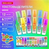 Набор текстовыделителей мини с принтами, 12 ЦВЕТОВ, BRAUBERG, 6 неоновых цветов + 6 пастельных цветов, линия 1-5 мм, 152537 152537