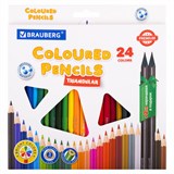 Карандаши цветные BRAUBERG PREMIUM 24 цвета + 2 чернографитных карандаша, трехгранные, грифель 3 мм, 181937 181937