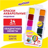 Краски акварельные ЮНЛАНДИЯ "ВЕСЁЛЫЙ ШМЕЛЬ", медовые, 24 цвета, квадратные кюветы, пластик, 192363 192363