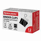 Зажимы для бумаг BRAUBERG, КОМПЛЕКТ 12 шт., 15 мм, на 45 листов, черные, картонная коробка, 223969 223969