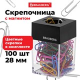 Скрепочница магнитная BRAUBERG со 100 цветными скрепками 28 мм, прозрачный корпус, 228401 228401