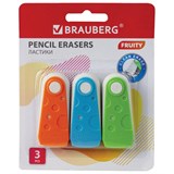 Набор ластиков BRAUBERG "FRUITY" 3 шт., 57х24х15 мм, белые, пластиковый футляр ассорти, 229563 229563