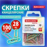 Скрепки BRAUBERG PASTEL, 28 мм, пастельные цвета, 100 шт., в пластиковой коробке, 271956 271956