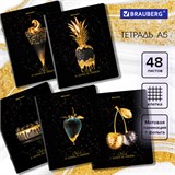 Тетрадь А5, 48 л., BRAUBERG, скоба, клетка, матовая ламинация, фольга, "Black&Gold" (микс в спайке), 404370 404370