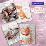 Тетрадь А5, 96 л., BRAUBERG, гребень, клетка, обложка картон, Котики (микс в спайке), 404425 404425
