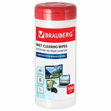Салфетки для экранов всех типов и оптики BRAUBERG, туба 100 шт., влажные, 510122 510122