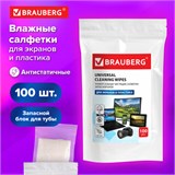 Салфетки для экранов всех типов и пластика (запасной блок) BRAUBERG, пакет 100 шт., влажные, 511685 511685