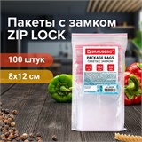 Пакеты с замком ZIP LOCK зиплок, комплект 100 шт., 80х120 мм, ПВД, толщина 35 микрон, BRAUBERG, 606209 606209