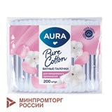 Ватные палочки КОМПЛЕКТ 200 шт., AURA, пакет, 13141 117603