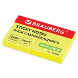 Блок самоклеящийся (стикеры), BRAUBERG, НЕОНОВЫЙ, 38х51 мм, 90 листов, КОМПЛЕКТ 2 штуки, желтый, 122698 122698