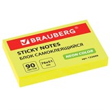 Блок самоклеящийся (стикеры), BRAUBERG, НЕОНОВЫЙ, 76х51 мм, 90 листов, желтый, 122699 122699