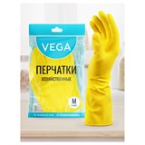 Перчатки резиновые хозяйственные Vega, многоразовые, хлопчатобумажное напыление, р. M, желтые, пакет 299046