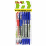Ручки шариковые и гелевые STAFF "Basic ST-01", НАБОР 6 ШТУК, АССОРТИ, узел 0,7 мм, линия письма 0,35 мм, 144080 144080