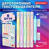 Набор текстовыделителей двусторонних (скошенный/кисть) 6 ПАСТЕЛЬНЫХ ЦВЕТОВ, АССОРТИ, BRAUBERG TIP-D, трехгранный корпус, 152533 152533