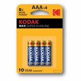 Батарейки алкалиновые "мизинчиковые" КОМПЛЕКТ 4 шт., KODAK Max Super Alkaline, ААА (LR03,15А), блистер 457378