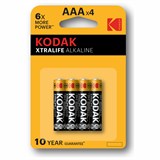 Батарейки алкалиновые "мизинчиковые" КОМПЛЕКТ 4 шт., KODAK Xtralife Alkaline, ААА (LR03,15А), блистер 457379
