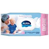 Салфетки влажные детские 200 шт., AURA Ultra Comfort, без спирта, 0+, с пластиковым клапаном 117695