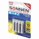 Батарейки КОМПЛЕКТ 4 шт., SONNEN Alkaline, AAA (LR03, 24А), алкалиновые, мизинчиковые, в блистере, 451088 451088