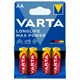 Батарейки алкалиновые "пальчиковые" КОМПЛЕКТ 4 шт., VARTA LONGLIFE MAX POWER, АА (LR6, 24А), блистер 457408 - фото 337828